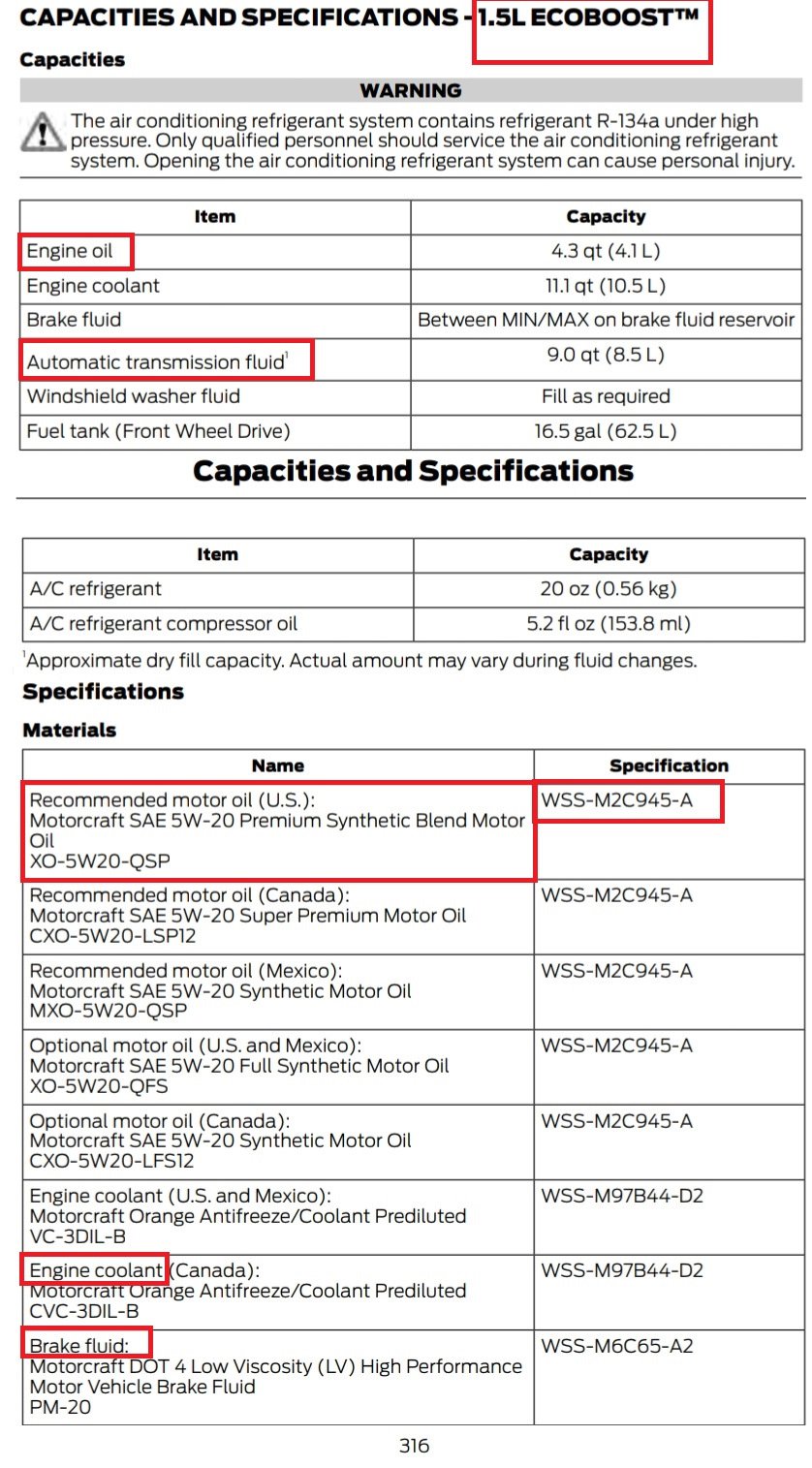 Количество заливных жидкостей для 1.5T EcoBoost